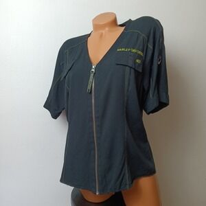 Harley-Davidson Womens Black Zip Front Vneck Rayon Top 96386-15VW Large